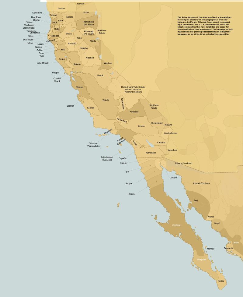 Map of the west coast of North America showing the native languages spoken in coastal regions from Alaska to Baja California, with labeled language groups and geographic features.