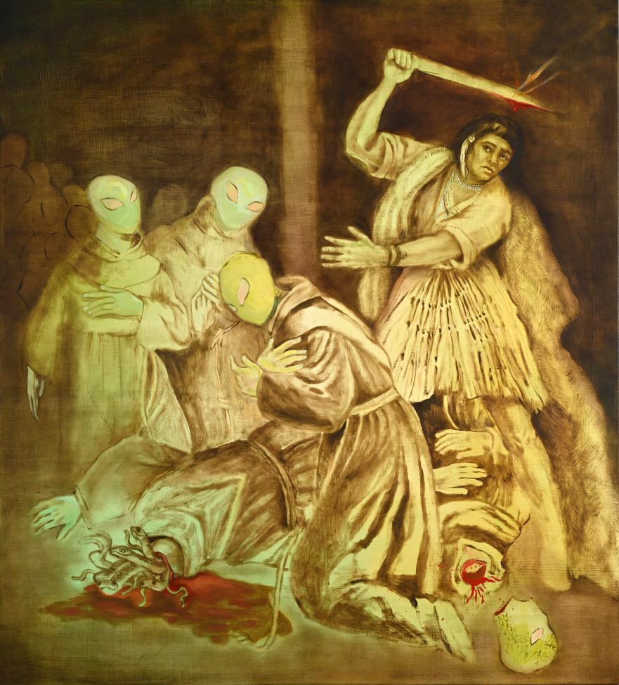 A woman in traditional clothing raises a glowing sword over four humanoid figures with alien-like faces; one lies bleeding on the ground while others react in fear amid a dark, dramatic background.