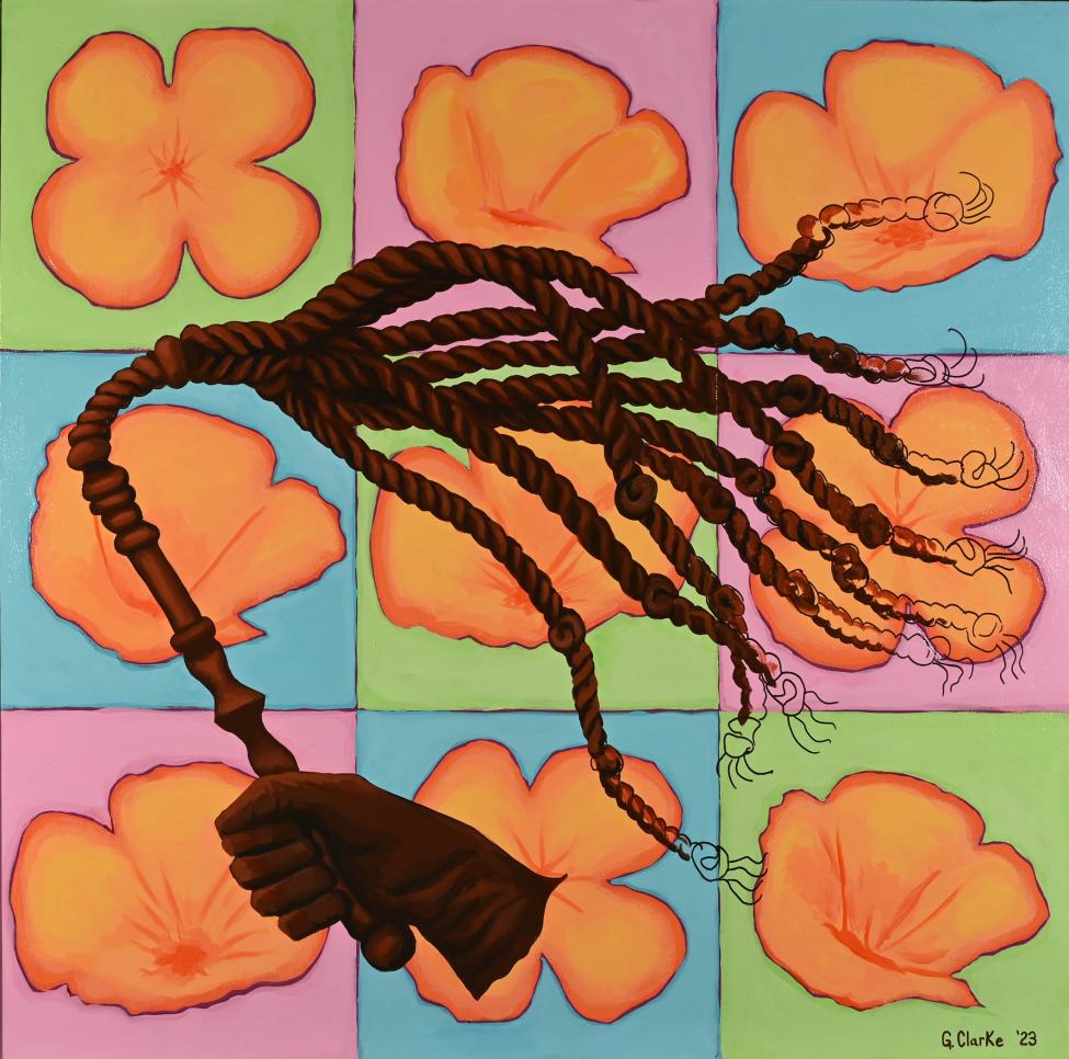 A painting shows a brown, twisted whip shaped like dreadlocks held by a hand, set against a colorful grid background with large orange flowers on blue and pink squares. The artwork is signed "G. Clarke '23" in the corner.