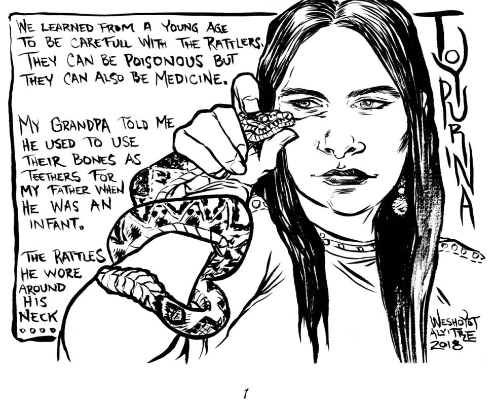 A person with long hair holds a rattlesnake in one hand. Handwritten text shares wisdom about rattlesnakes, including their dangers and medicinal uses, and a story about using their bones as teethers and wearing rattles as necklaces.