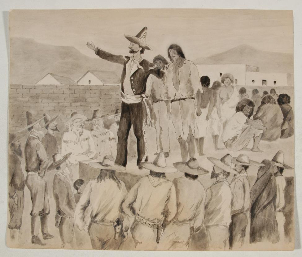 A historical scene showing a man in a sombrero and formal attire addressing a crowd from a platform, surrounded by others in traditional clothing. Several men stand on the platform; mountains and buildings are in the background.