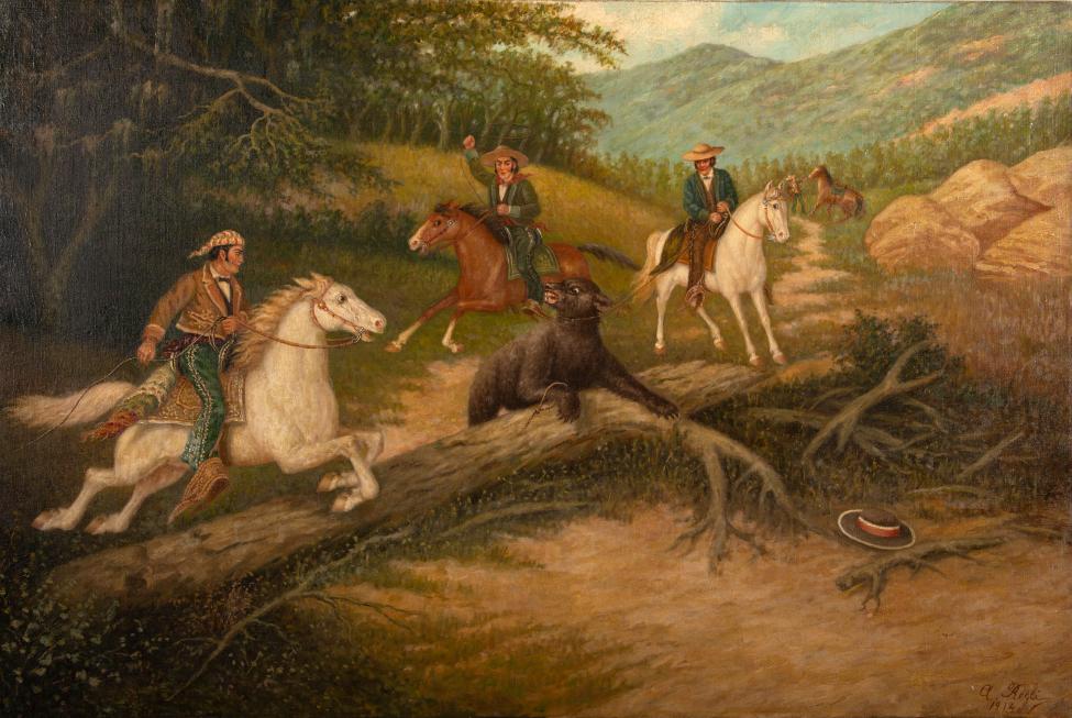 Three men on horseback chase a black bear that is climbing over a fallen tree in a forest clearing, with mountains in the background and a hat on the ground in the foreground.
