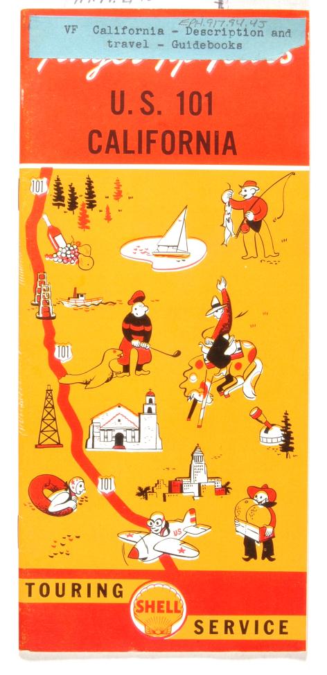 Vintage Shell Touring Service brochure cover for U.S. 101 California, featuring cartoon illustrations of activities like skiing, sailing, surfing, oil drilling, missions, and beach scenes along a red route on a yellow background.