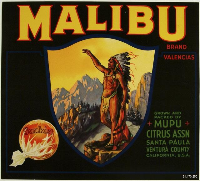 Vintage fruit crate label featuring a Native American chief in a feathered headdress standing on a mountain, with "MALIBU" in large letters above, and citrus packing details on the right and a Sunkist logo on the left.