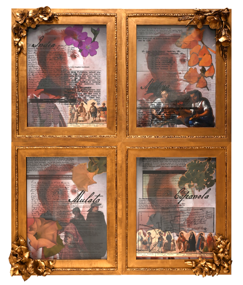 A golden, ornate frame with four sections displays sepia-toned collages of historical figures, flowers, text, and old-fashioned illustrations. The words “mula,” “mulata,” and “guzmela” appear among images and floral accents.