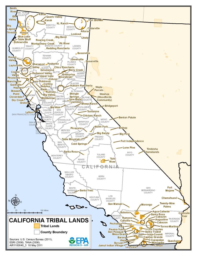 Map of California showing county boundaries and the locations of various tribal lands, each labeled with the names of Native American tribes and reservations across the state. EPA logo is at the bottom right.