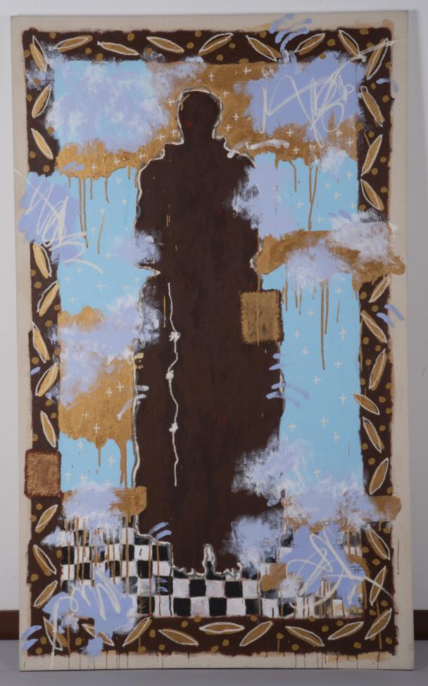 A painting features a dark silhouette of a standing figure in the center, surrounded by abstract clouds, gold accents, white markings, and a border with leaf-like patterns. The bottom has a black-and-white checkerboard design.