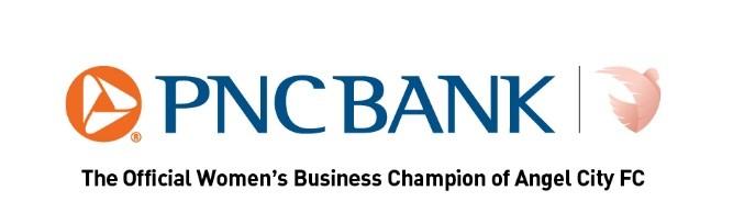 Logo of PNC Bank alongside the Angel City FC wing icon, with text below reading "The Official Women’s Business Champion of Angel City FC.