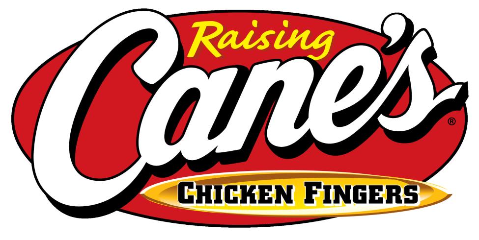 Raising Cane’s Chicken Fingers logo with bold white and black lettering on a red oval background, and “Chicken Fingers” in yellow and black on a gold oval banner below.