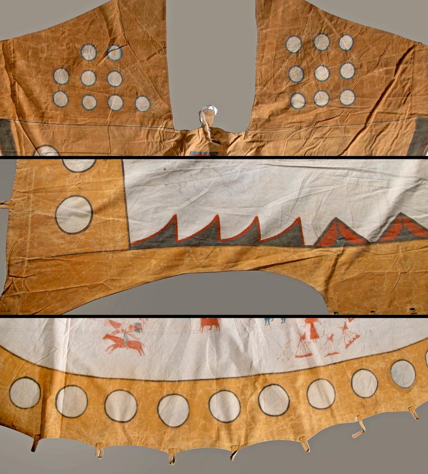 A tan and cream garment decorated with circular patterns, painted triangles, and small red animal and human figures. The image shows three close-up sections highlighting the intricate designs and shapes.