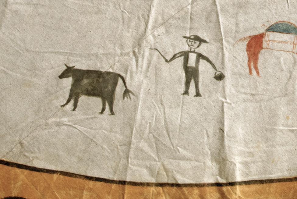 A simple drawing of a person in a hat holding a stick or rope, standing next to a black cow, with part of a reddish-brown animal to the right, all on a wrinkled, light-colored background.