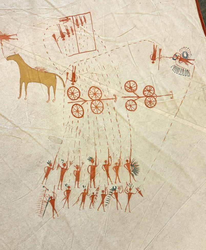 A historical-style drawing shows figures on horseback and foot, some with bows, others with shields and headdresses, as they approach a group of people around wagons, suggesting a battle or confrontation scene.