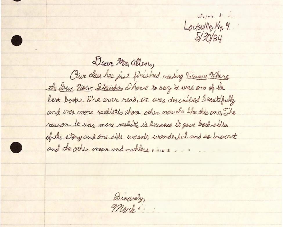 A handwritten letter on lined paper dated 5/30/84 from Louisville, KY. A student named Mark writes to Mr. Allen, praising the book "From Where the Sun Now Stands" and describing its impact.