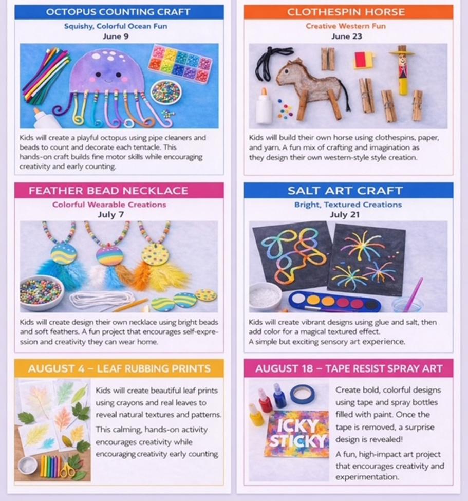 A colorful flyer displays six kids’ craft activities: octopus counting craft, clothespin horse, feather bead necklace, salt art craft, leaf rubbing prints, and tape resist spray art, each with materials and sample art photos.