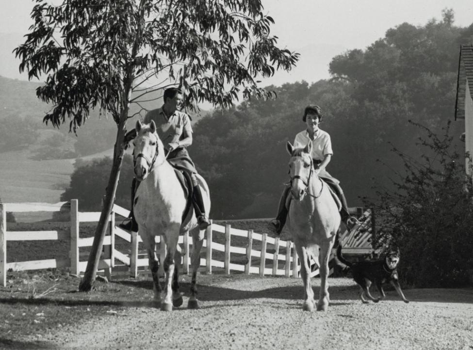Two people ride horses side by side on a dirt path next to a white fence, with a dog running nearby. Trees and hills are in the background on a sunny day.