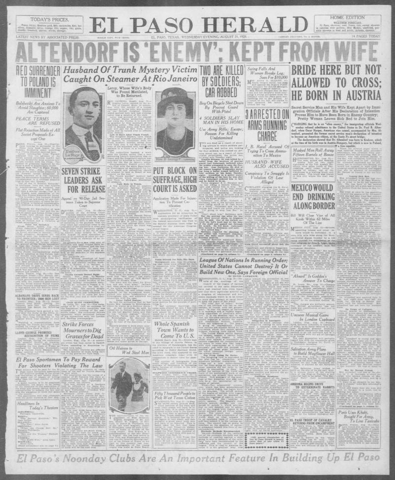 Front page of the El Paso Herald newspaper with multiple headlines and black and white photos, covering topics such as crime, international affairs, and local events, dated June 23, 1920.