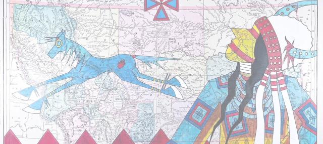 A colorful illustration of a Native American figure in traditional regalia and a blue horse are layered over a vintage map of the western United States, with a large geometric cross symbol at the top center.