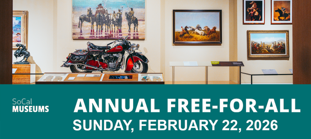 An art gallery display featuring paintings and a red motorcycle, with text below reading: "ANNUAL FREE-FOR-ALL, SUNDAY, FEBRUARY 22, 2026," and the SoCal Museums logo on the left.