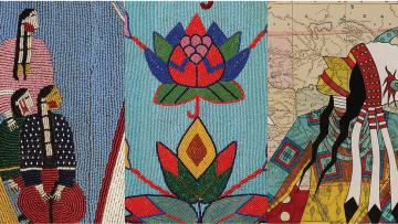 A triptych featuring Native American beadwork and art: left, two figures in traditional attire; center, a colorful floral beadwork design; right, a figure in regalia overlaid on a map.