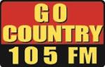 Red and black rectangular logo with bold yellow text reading "GO COUNTRY 105 FM.
