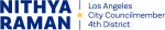 Logo with bold blue text reading "NITHYA RAMAN" and smaller text on the right reading "Los Angeles City Councilmember 4th District," separated by a vertical line with a yellow star in the center.