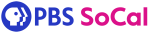 PBS SoCal logo featuring a blue circle with a stylized white profile of a face, next to the text "PBS" in blue and "SoCal" in pink.
