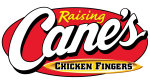 Raising Cane’s Chicken Fingers logo with bold white and black text on a red oval background, “Raising” in yellow, and “Chicken Fingers” inside a yellow banner at the bottom.