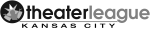 Logo featuring the words "theater league" in bold, lowercase letters. To the left, an abstract, white star-like design with two human figures inside a black circle. The design has a modern, minimalist style.