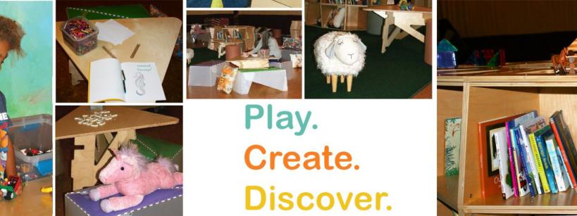 Photos of  books, plush toys and a child holding a toy and the words 'Play. Create. Discover.'