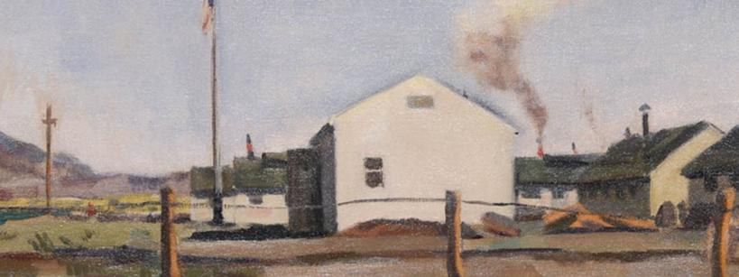 painting of rows of white houses surrounded by a wooden fence and telephone poles, and a flagpole with the American flag to the side