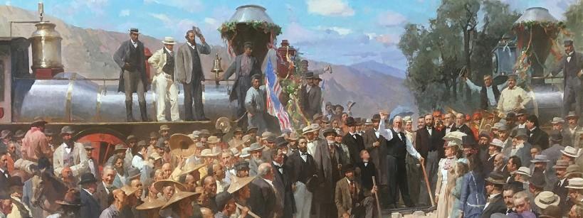 painting of crowd in 19th century attire standing on and around two steam engines