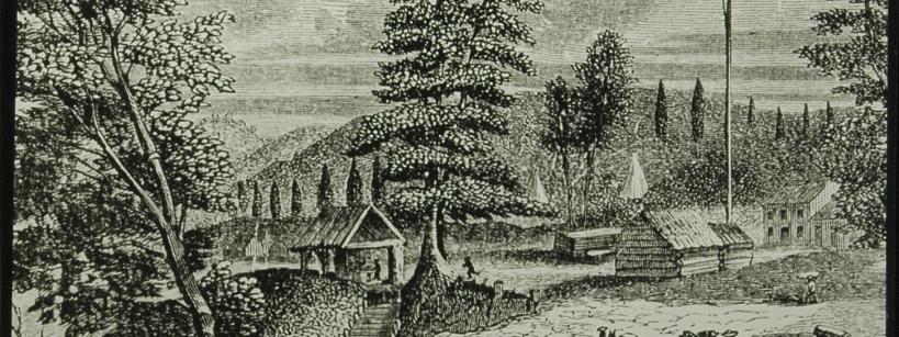 black and white illustration of trees surrounding wooden sheds, with rolling hills in the background