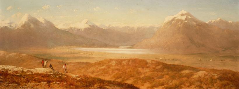 painting of western landscape with snow capped mountains surrounding a valley