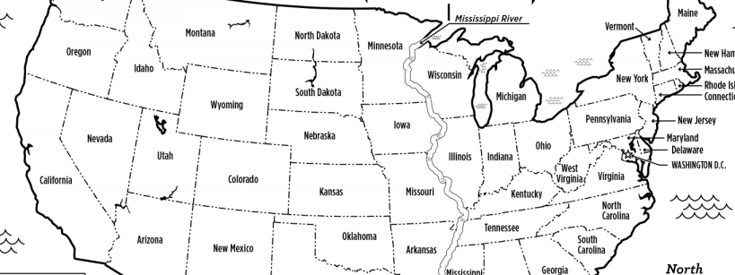 simple black and white map of the United States, with the Pacific and Atlantic Oceans labeled