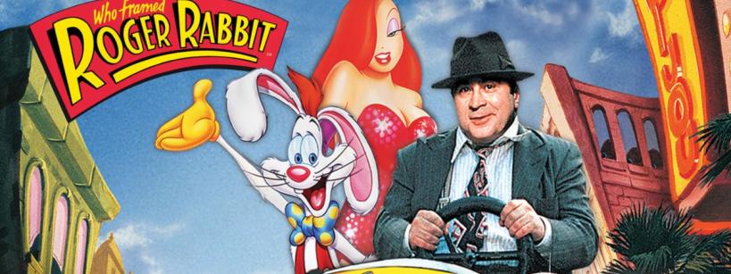 movie characters sitting in a animated yellow car with who framed roger rabbit  text in the background