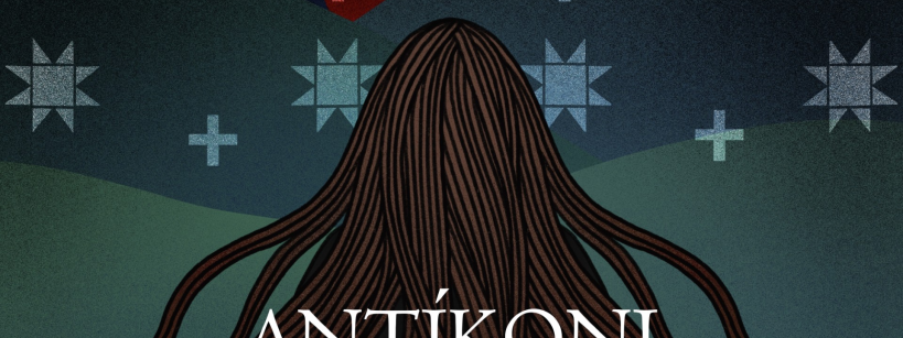 Illustrated book cover featuring a figure with long, dark hair facing away against a backdrop with geometric star patterns. The title "ANTÍKONI" and the author's name "Beth Piatote" are prominently displayed at the bottom.