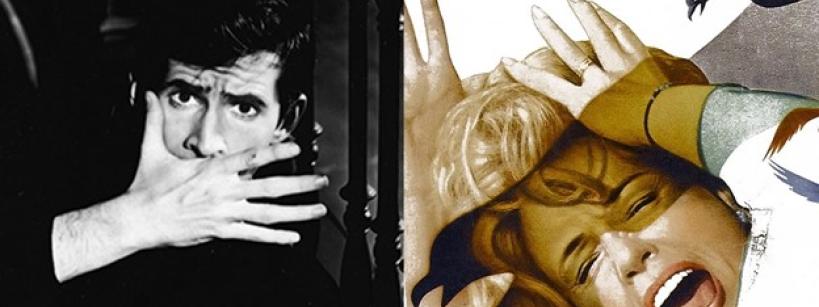 A split image: on the left, a black-and-white photo of a man holding his hand over his mouth, looking surprised; on the right, a color illustration of a woman covering her face with her hands, screaming as black birds attack her.