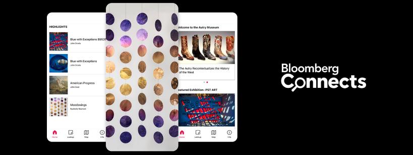A smartphone screen showing an app interface with art content, surrounded by abstract circular patterns. The text "Bloomberg Connects" appears on the right side against a black background.