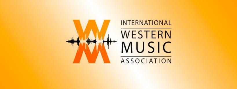 Logo of the International Western Music Association, featuring stylized orange "W" letters with sound waveforms and black text on a gradient orange background.