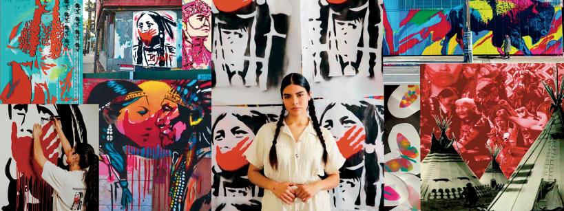 A woman stands in front of vibrant street art featuring indigenous themes, including portraits, animals, and traditional motifs. The collage blend of colors and patterns creates an energetic and culturally rich backdrop.