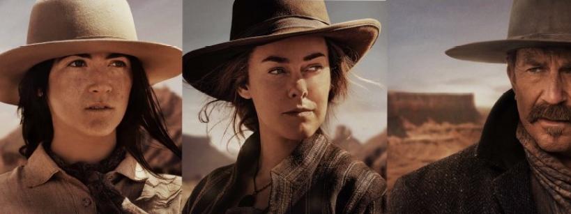 Three individuals in cowboy hats and western attire stand against a desert backdrop. Each has a serious expression, suggesting a theme of adventure or exploration in a rugged, outdoor setting.