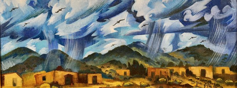 A vibrant painting depicts a stormy sky with swirling clouds and rain over mountains and rustic buildings. Birds fly amid the dramatic scene, capturing a sense of dynamic movement and moody weather.