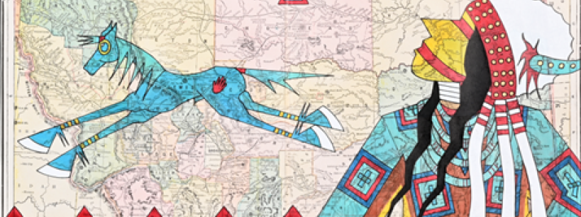 A colorful illustration features a stylized blue horse with a red heart galloping over a vintage map. To the right, a figure dressed in a vibrant, patterned outfit with a feathered headdress and long hair faces away. Red triangular patterns line the bottom.