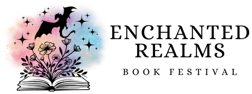 An open book with flowers and a flying dragon above, surrounded by stars on a colorful pastel background. Text on the right reads "Enchanted Realms Book Festival.