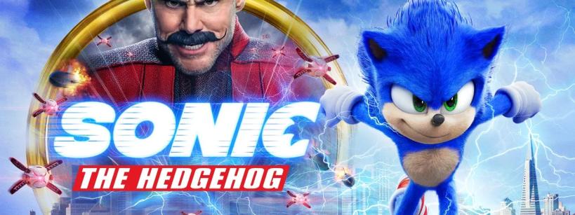 Poster for the "Sonic the Hedgehog" movie featuring Sonic running with a determined expression. Jim Carrey and James Marsden's names are visible, along with Carrey's character in a red suit and sunglasses. Sonic is surrounded by lightning and a cityscape.