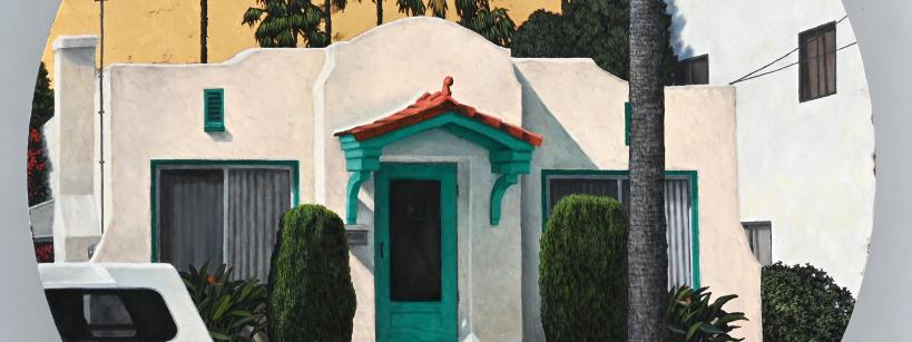 A circular painting of a small white house with a red-tiled roof and teal accents. It has a red pathway, surrounded by trimmed bushes and palm trees. A white vehicle is parked nearby, with a backdrop of tall palms against a beige sky.