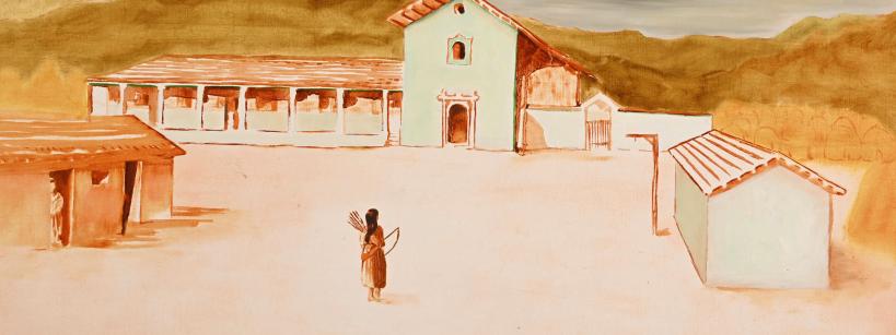 A painting depicts a lone figure with a bow and arrows standing in front of a Spanish-style mission building with arched walkways, surrounded by mountains and additional small structures under a cloudy sky.