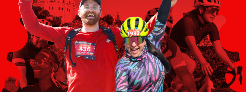 A smiling man with a race bib and a woman in cycling gear raise their arms in victory at an outdoor event. Event details and logos below promote running and cycling events at Griffith Park on May 31 and June 1, 2025.