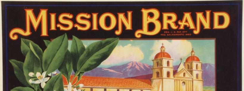 A vintage fruit crate label featuring "Mission Brand" in bold letters above an illustration of a Spanish mission, palm trees, mountains, and blossoms, with a Sunkist lemon in the foreground. Text reads "Johnston Fruit Co., Santa Barbara, California.
