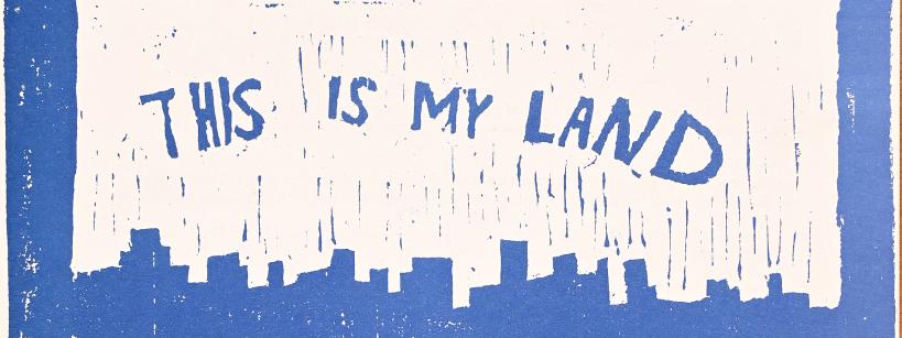 Blue and white illustration of a city skyline and the outline of the U.S., with text "THIS IS MY LAND ALL OF IT." Artwork is credited to Alvin Willie, Paiute, age 14.
